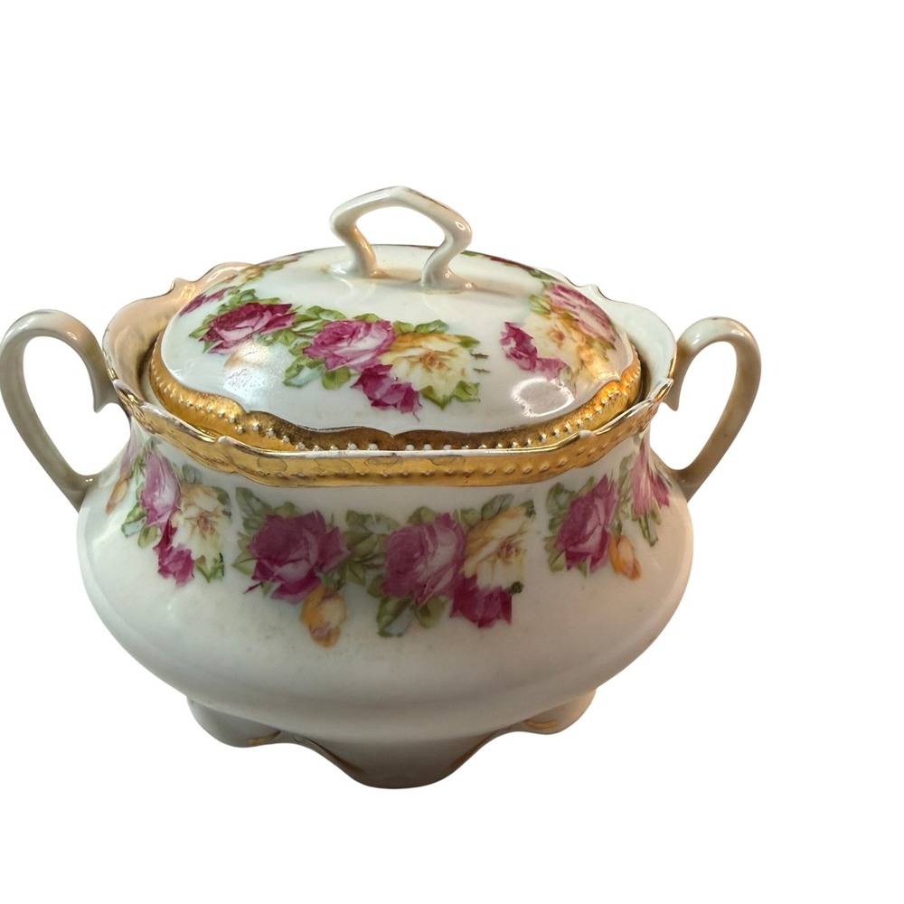 PK Silesia Sugar Bowl Antique Porcelain Pink Roses Cottagecore Victorian